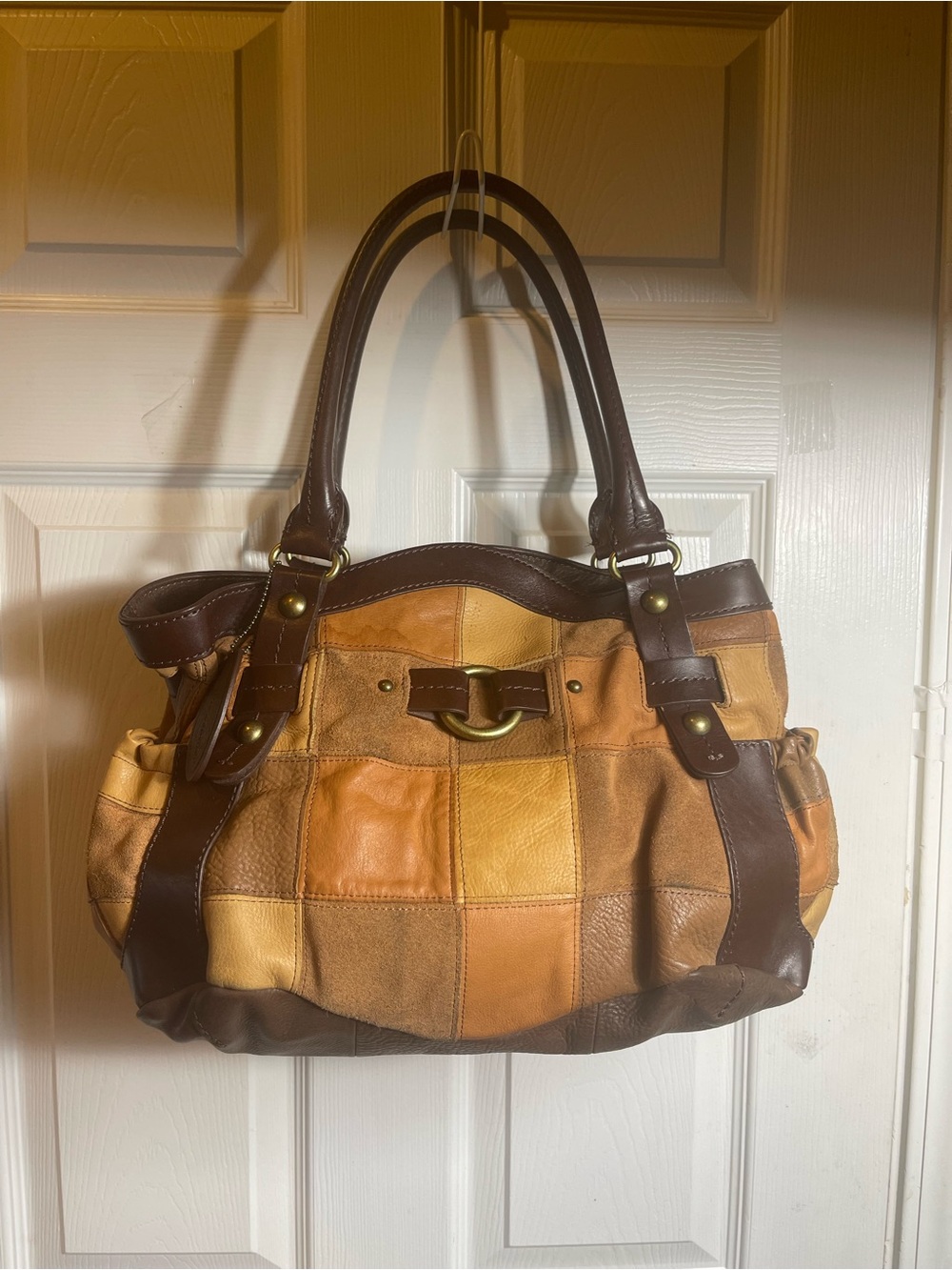 PELLE Studio Patchwork Leather & Suede in Tan and Brown shoulder bag.